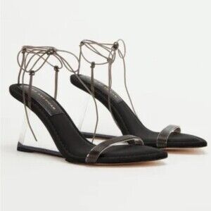 Good American Cinderella Lucite Triangle Wedge Heel Strappy Sandal Black Lace Up